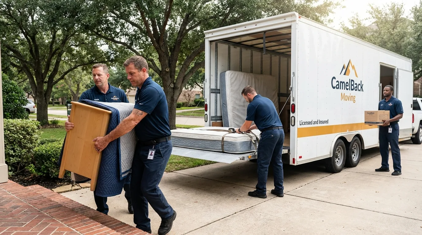Crew loading residential truck for cross-state move from Wellington, CO