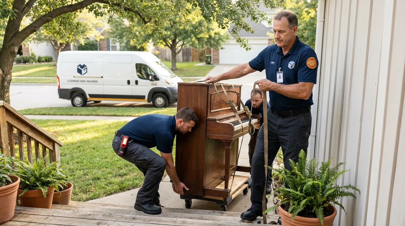 Licensed piano movers securing grand piano in Wellington, CO