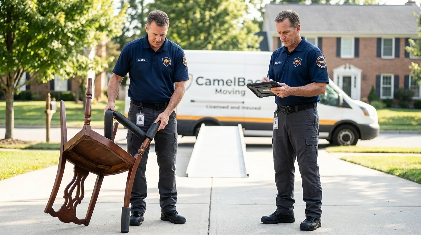 Movers inspecting furniture for damage prevention before loading in Wellington, CO