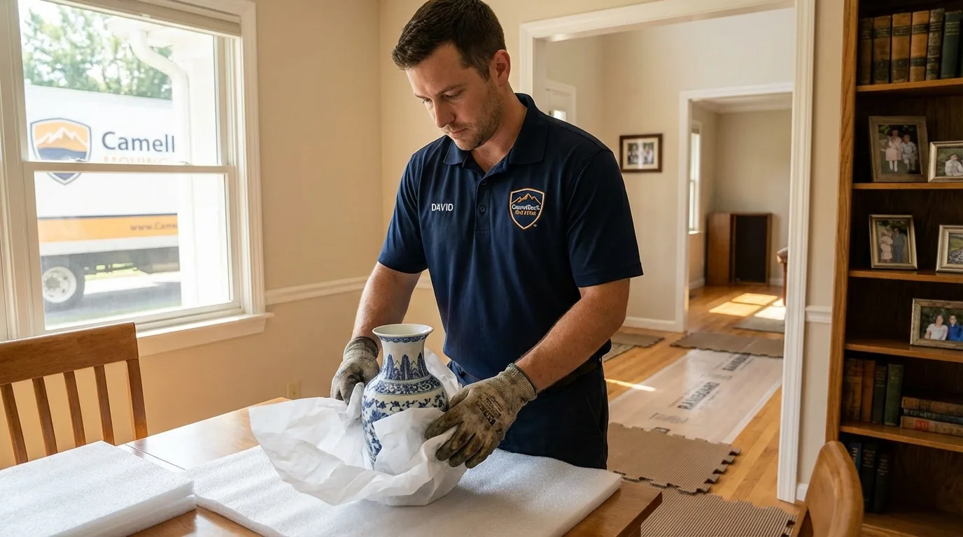 Professional crew carefully wrapping antique vase for senior downsizing move in Wellington, CO